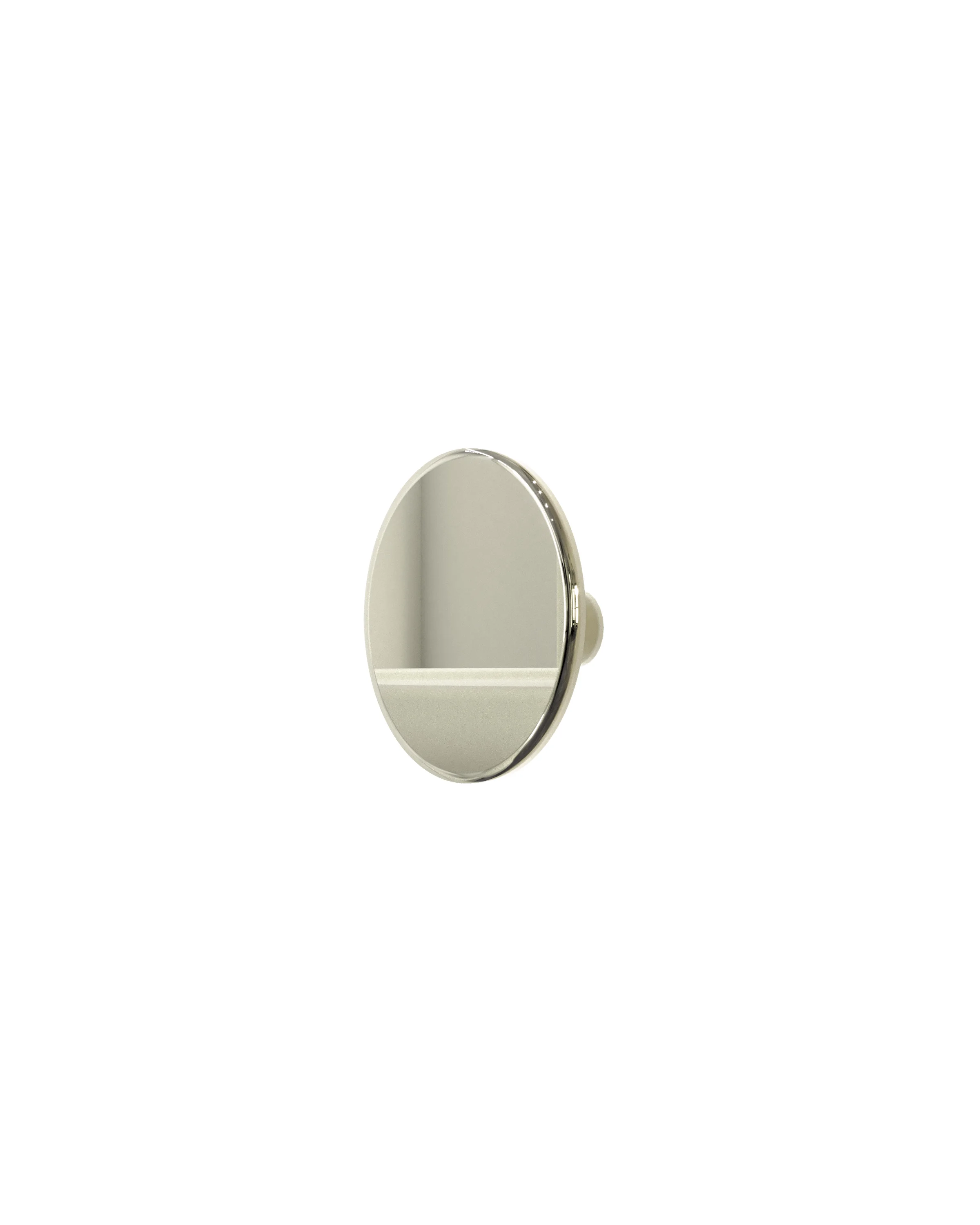 Silver, round handle with a shiny surface, seen on the side, on a white background. 